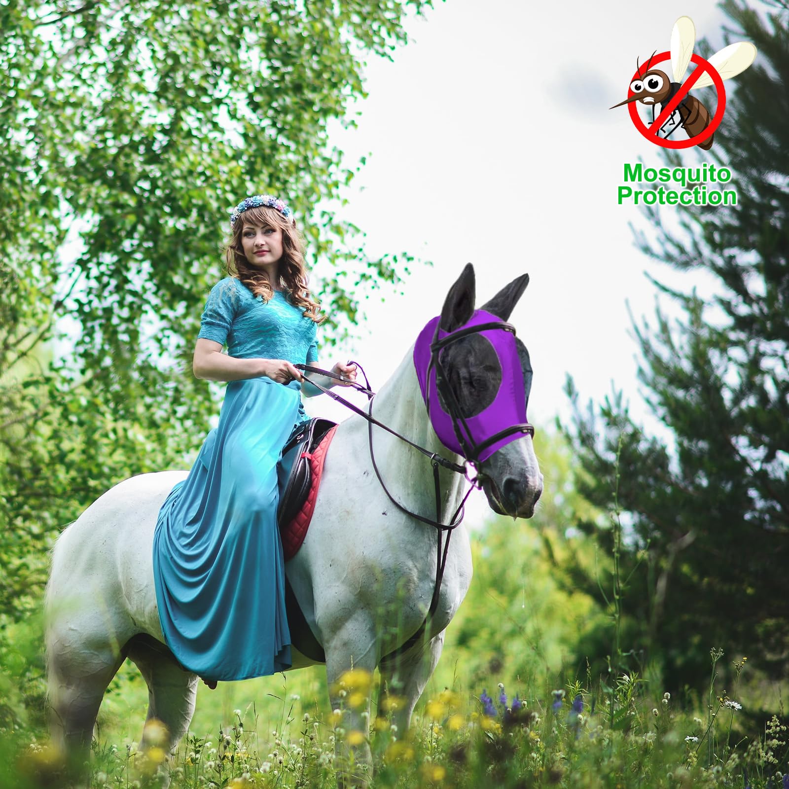 HUAME fly masks in purple, pink, blue color options for daily riding.