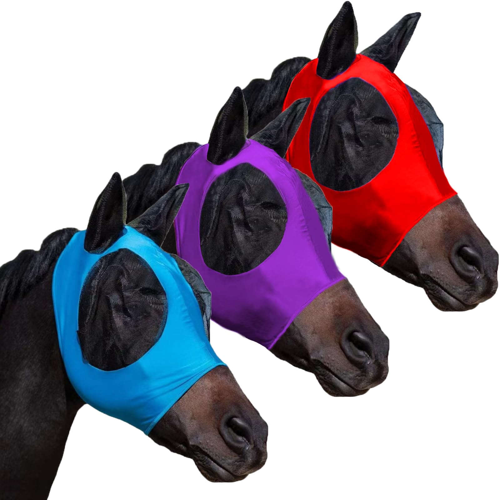 HUAME fly masks for horses with ears, front view, full-face coverage with breathable mesh.