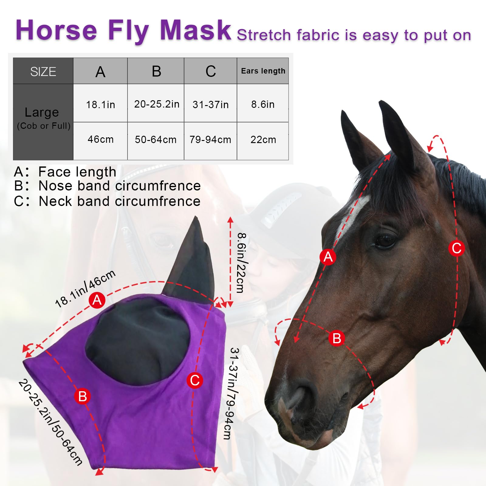 HUAME fly masks for horses with ears, side view highlighting secure elastic fit.