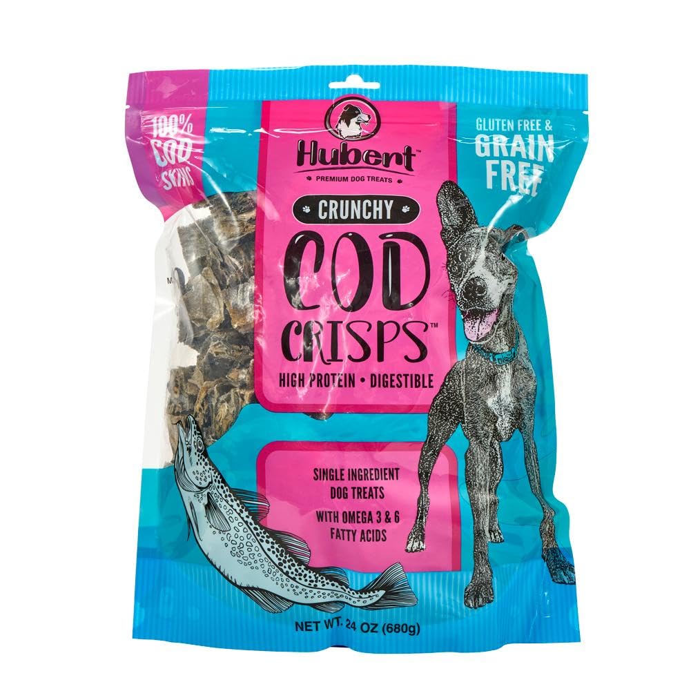 Hubert Premium Cod Skin Crisps bag front, convenient all breed treat rich in omega-3.