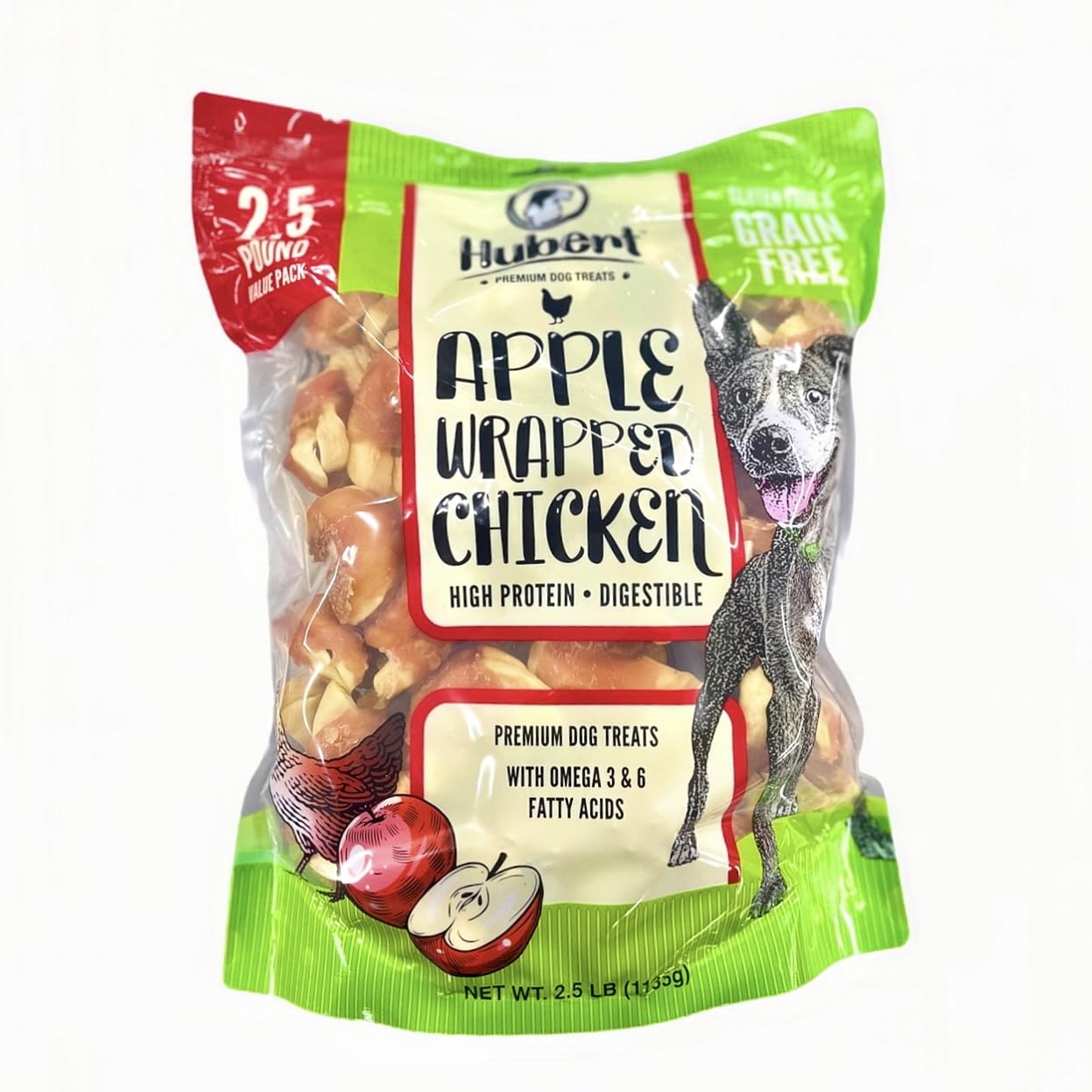 Hubert Premium Dog Treats chicken-wrapped-apple-bites packaging highlights a low-fat reward