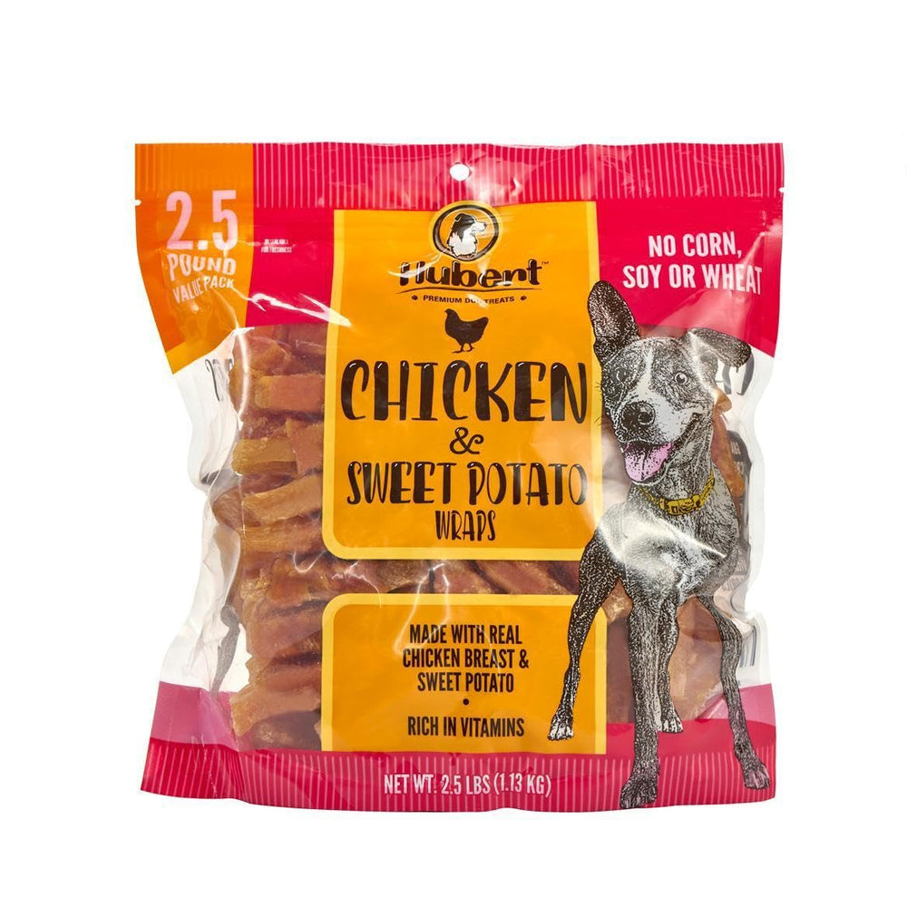 Hubert Premium Dog Treats packaging featuring chicken and sweet potato wraps for wholesome snacking