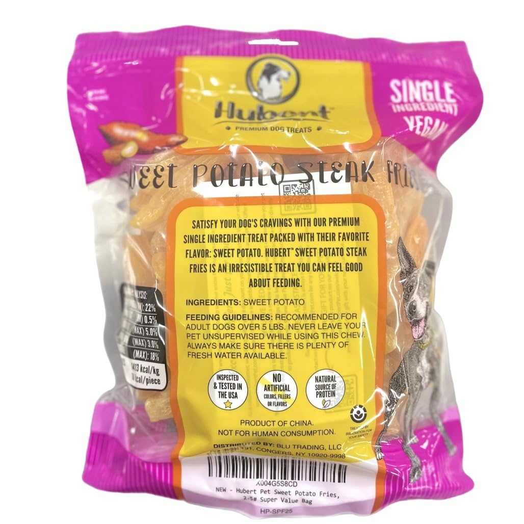 Hubert Premium Dog Treats sweet potato fries bag closeup emphasizes natural, single-ingredient snack.