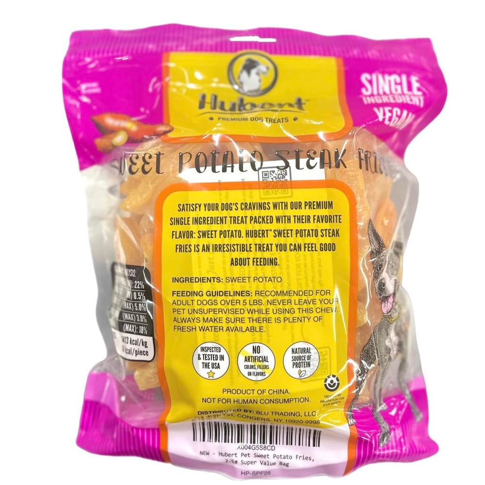 Hubert Premium Dog Treats sweet potato fries bag closeup emphasizes natural, single-ingredient snack.