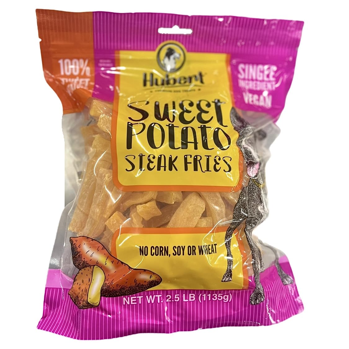 Hubert Premium Dog Treats sweet potato fries pack front highlights value option.