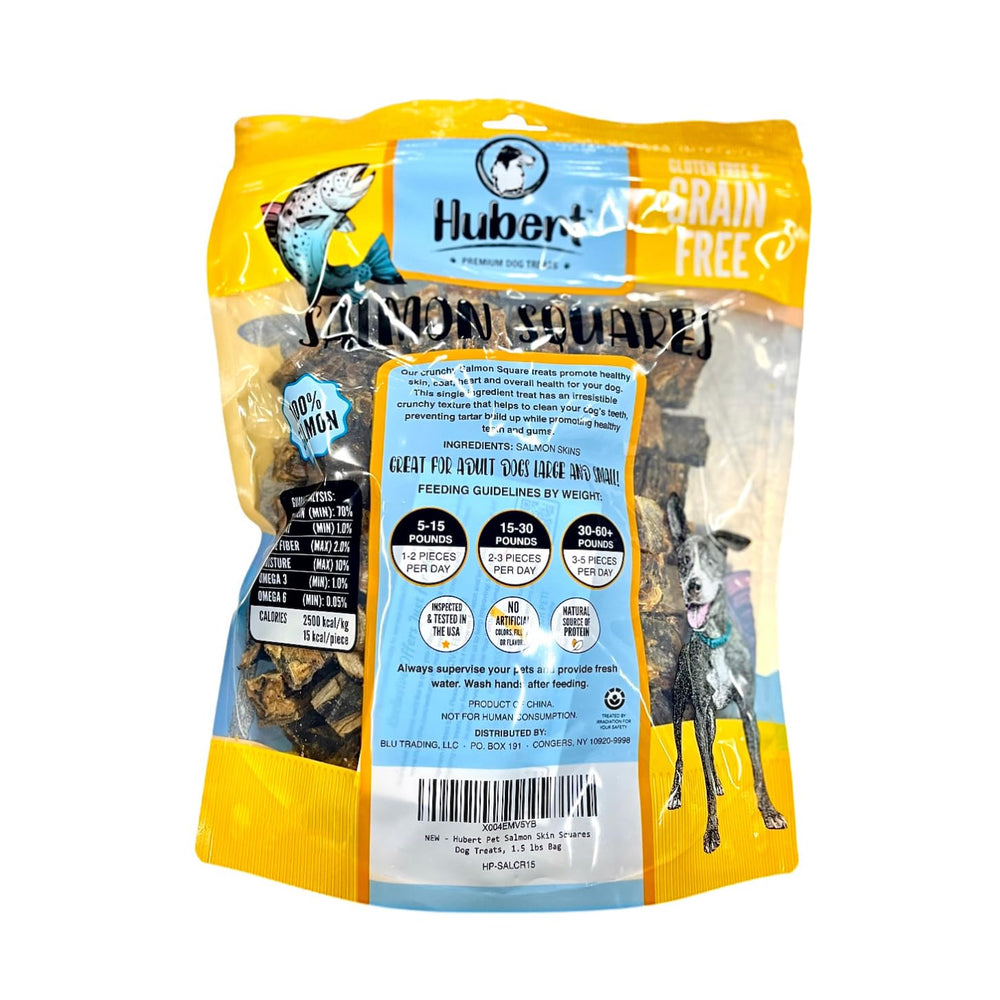 Hubert Premium Salmon Skin Squares bag closeup emphasizes resealable packaging for lasting freshness.