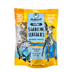 Hubert Premium Salmon Skin Squares packshot shows 100% salmon skin treats for dogs.