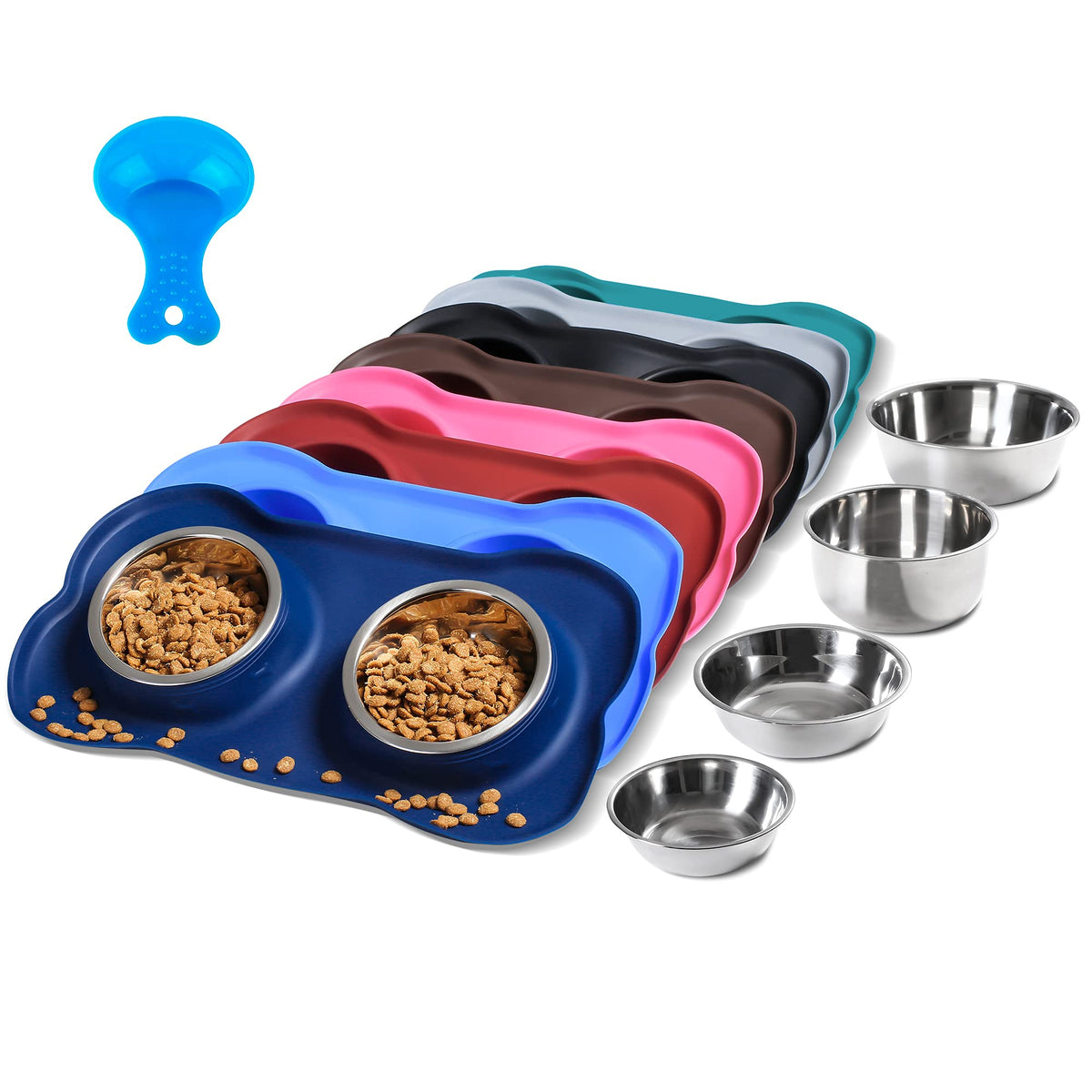 Hubulk stainless steel dog bowls with no-spill mat help keep feeding area tidy.