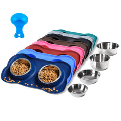 Hubulk stainless steel dog bowls with no-spill mat help keep feeding area tidy.