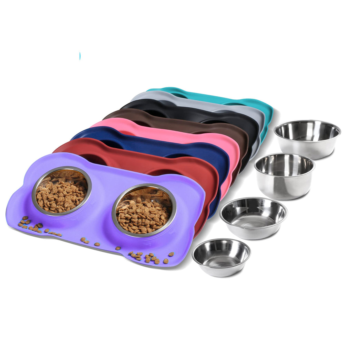 Hubulk two stainless steel bowls with no-spill mat for clean dining.