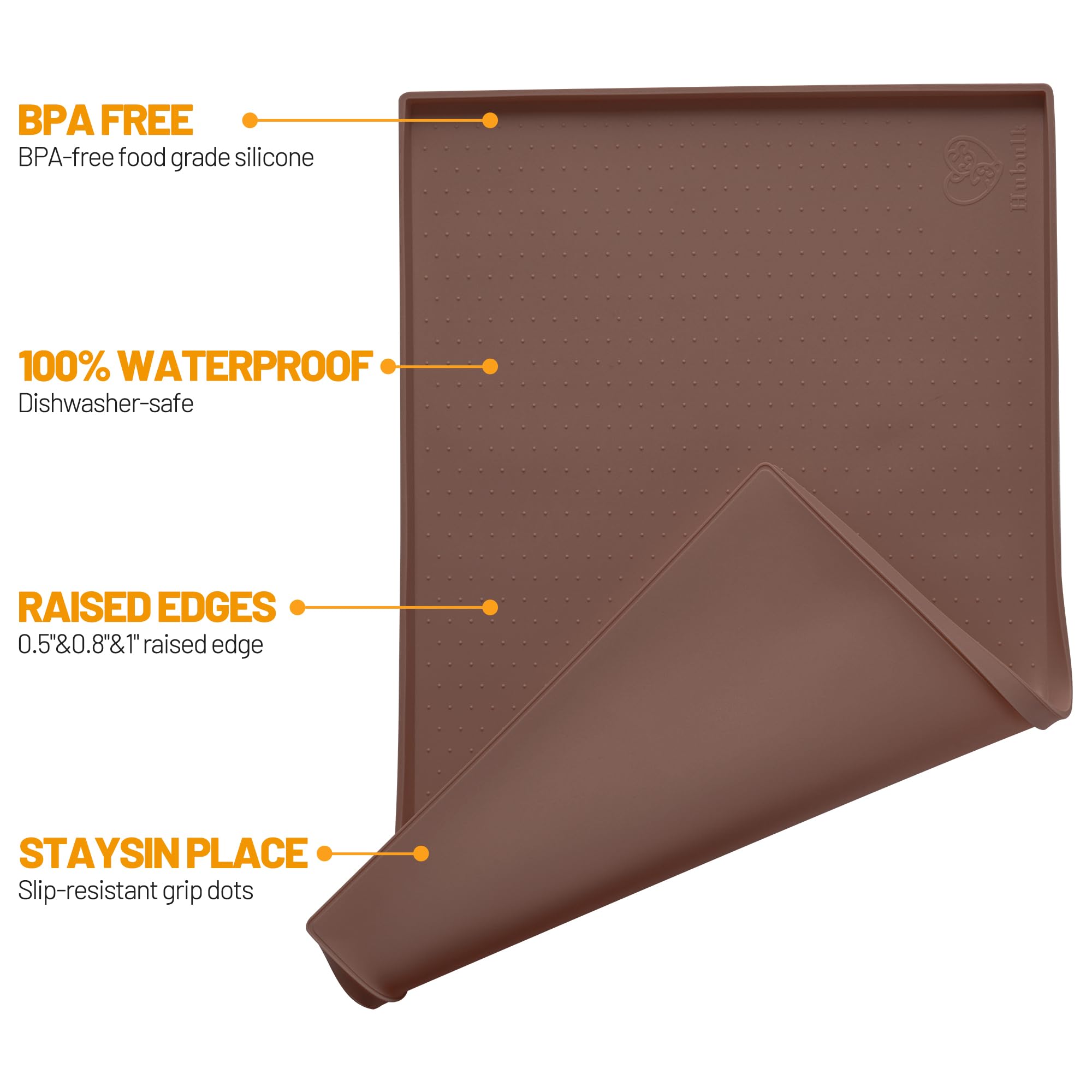 Hubulk mat rim-edge detail showing anti-slip surface stabilizing bowls
