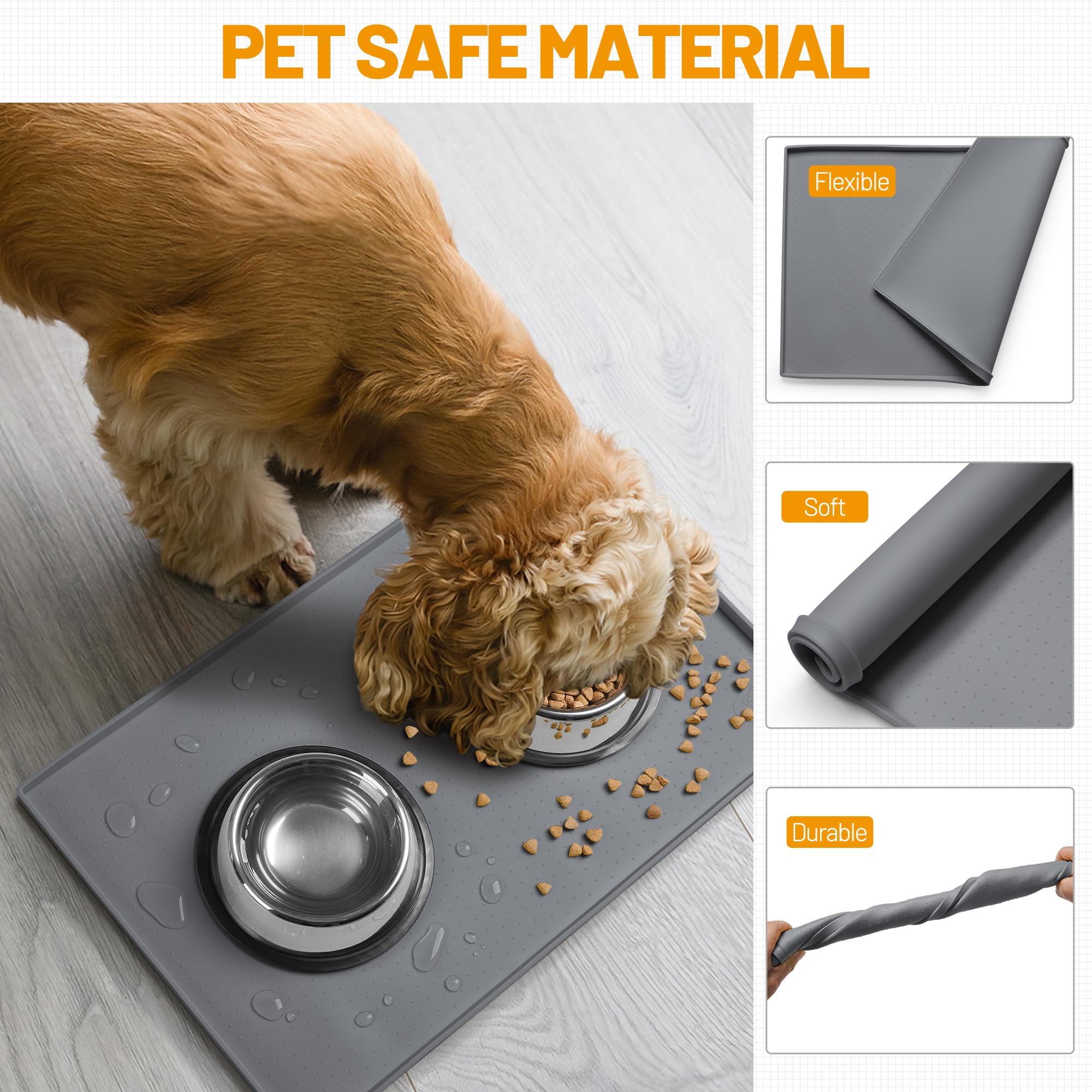 Hubulk dog feeding mat provides wide coverage under bowls to shield floors.