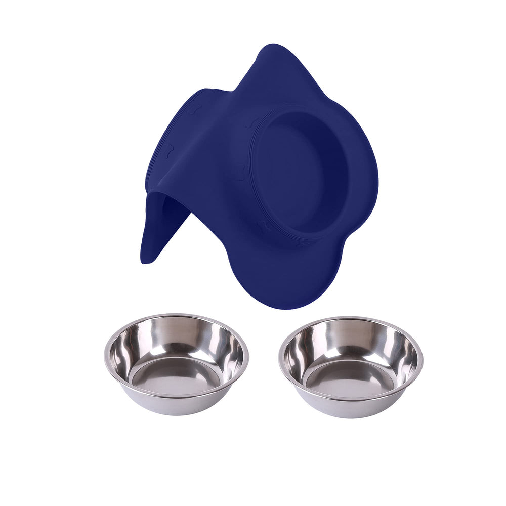 Hubulk navy blue stainless steel dog bowls with a no-spill mat.