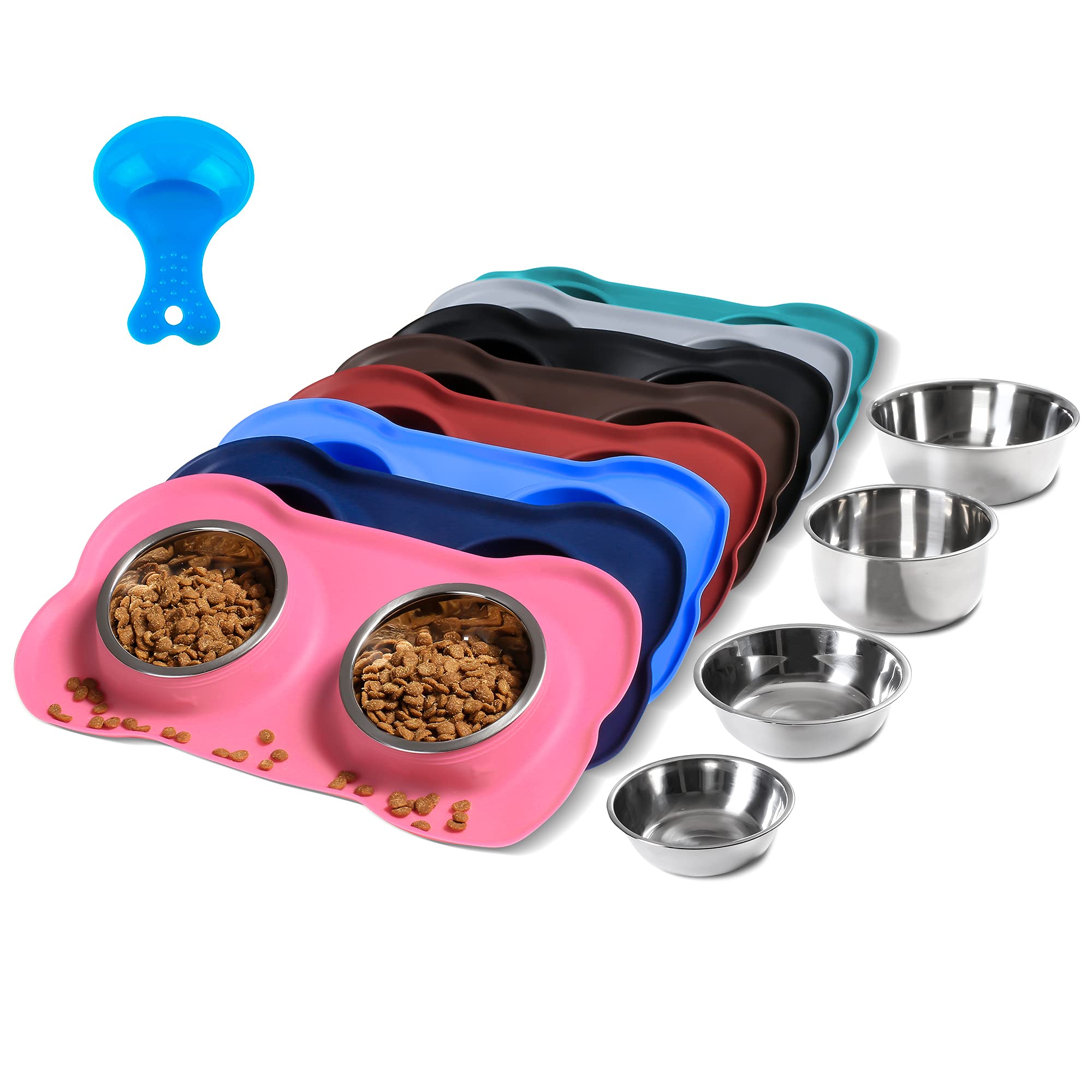 Hubulk pink no-spill mat with dual stainless steel bowls for mess-free feeding.