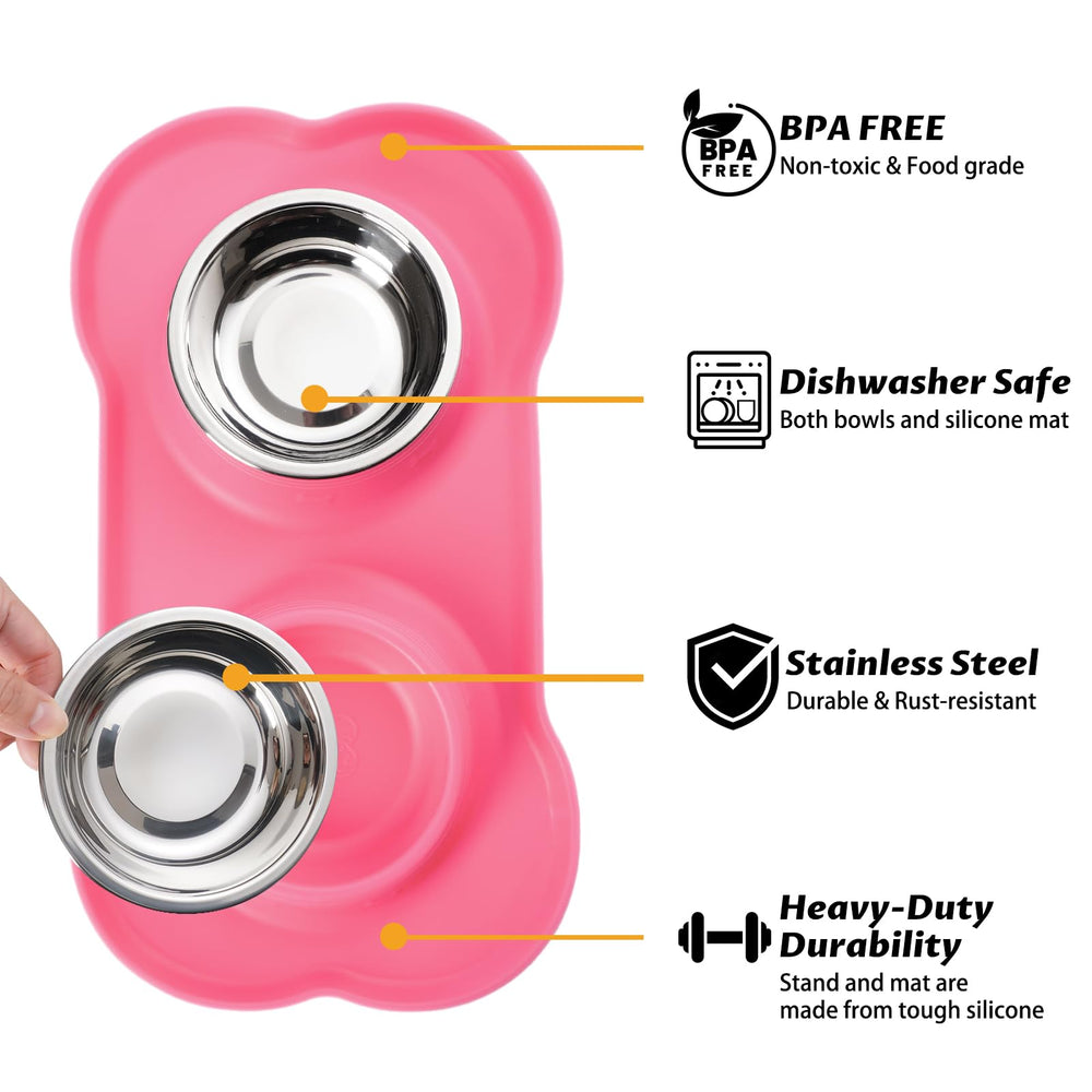 Hubulk stainless steel bowls paired with mat, designed for easy cleaning and rust resistance.