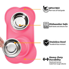 Hubulk stainless steel bowls paired with mat, designed for easy cleaning and rust resistance.