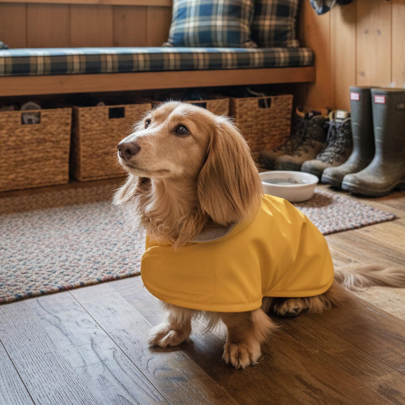 Harness hole with weather flap keeps harnessed dogs protected outdoors