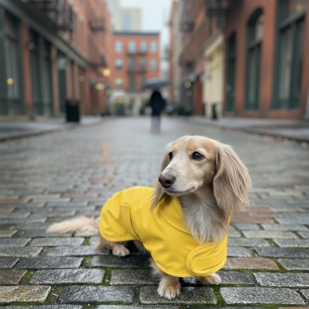 Hudson Hound Dachshund Raincoat side view protects chest and belly during walks
