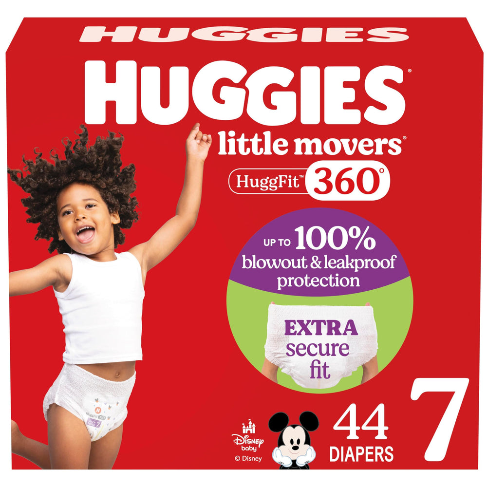 Huggies Little Movers HuggFit 360 front view shows full protection during play.