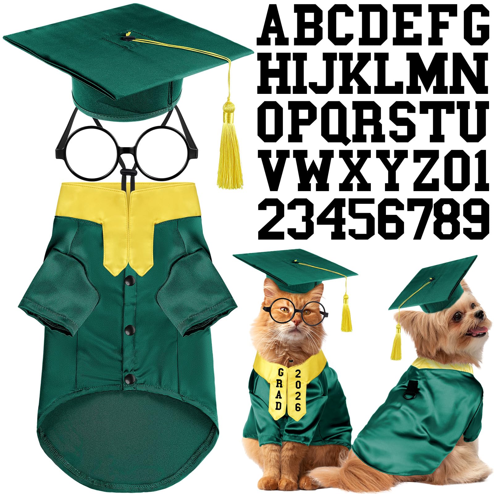 Huhumy green-yellow graduation gown for pets, ideal for cute photos