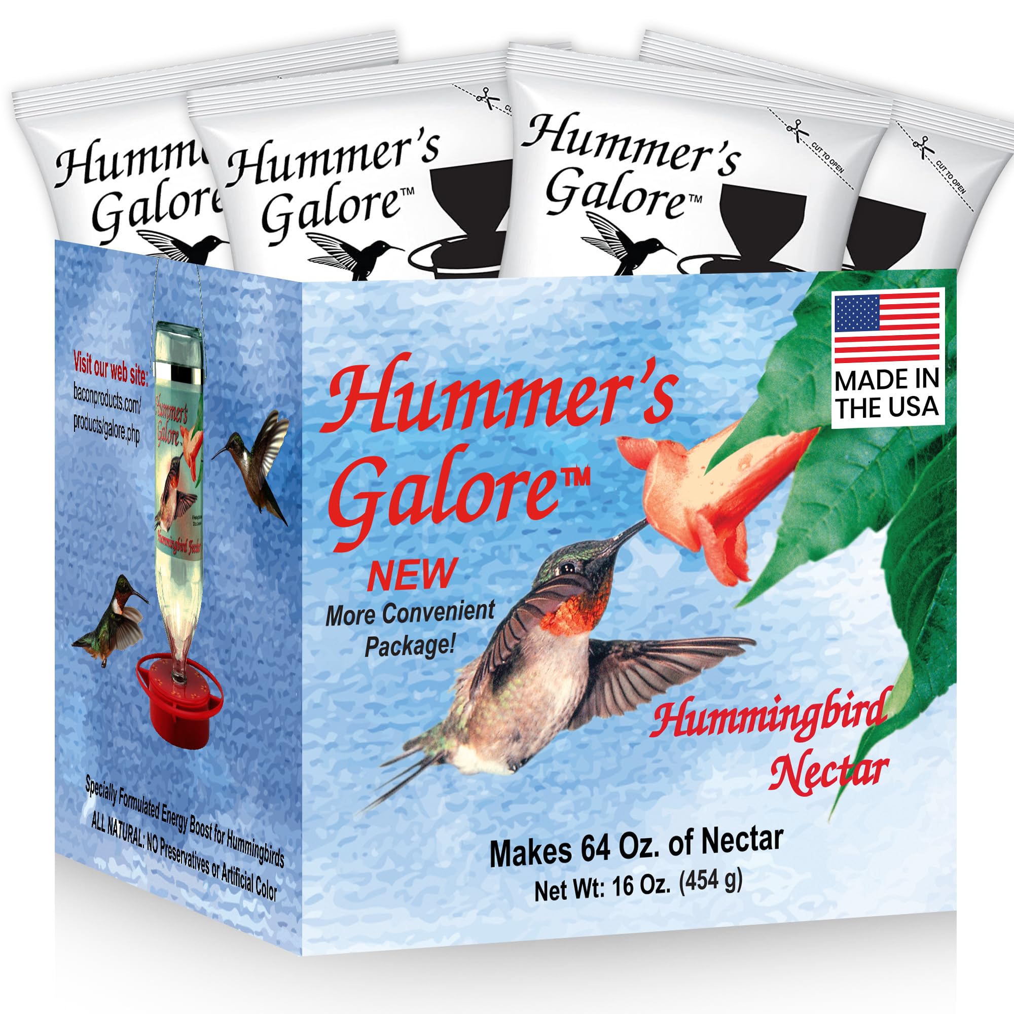 Hummers Galore ready-to-mix nectar packets for quick, mess-free hummingbird feeding