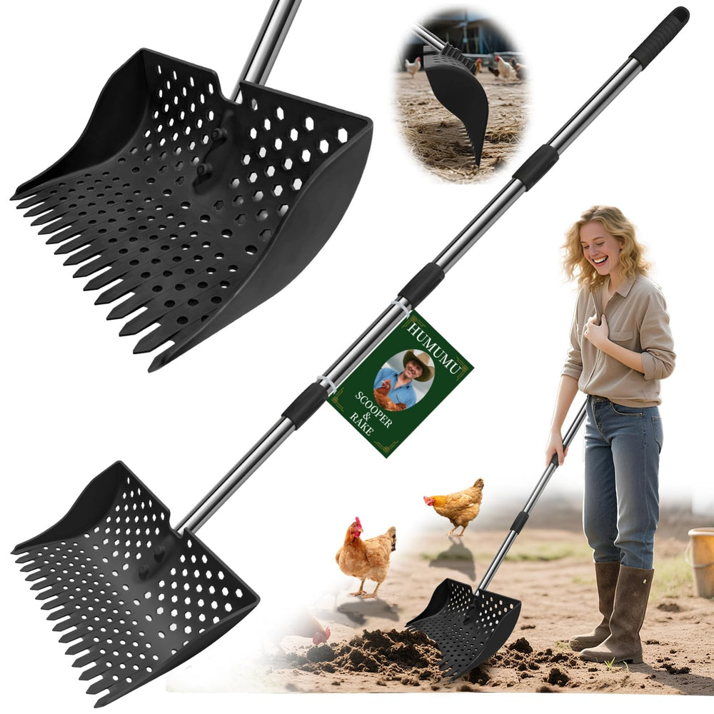 HUMUMU 12-inch 2-in-1 scooper and rake in action for quick coop cleanup.