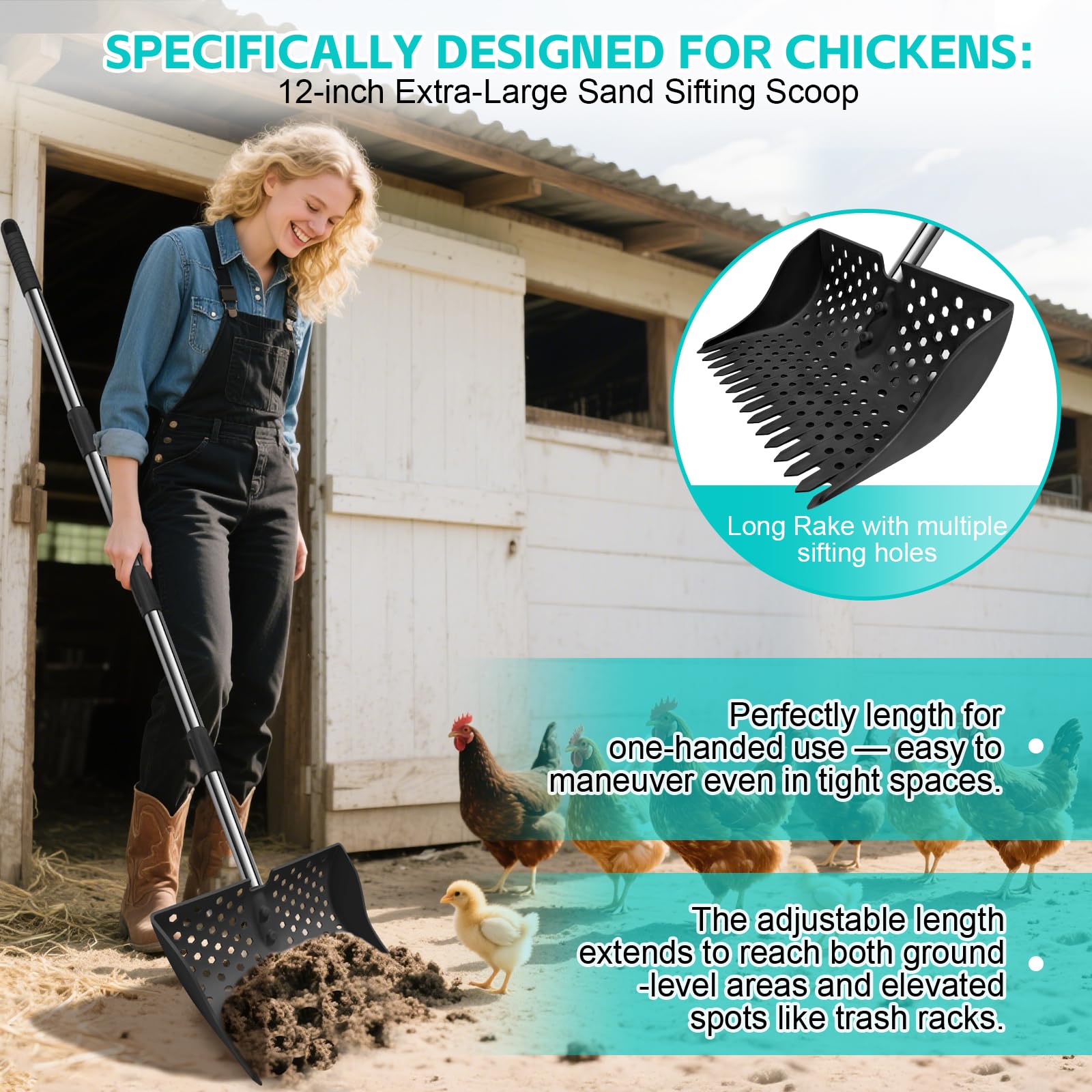HUMUMU adjustable handle reaches tall or tight coops for comfortable cleaning.