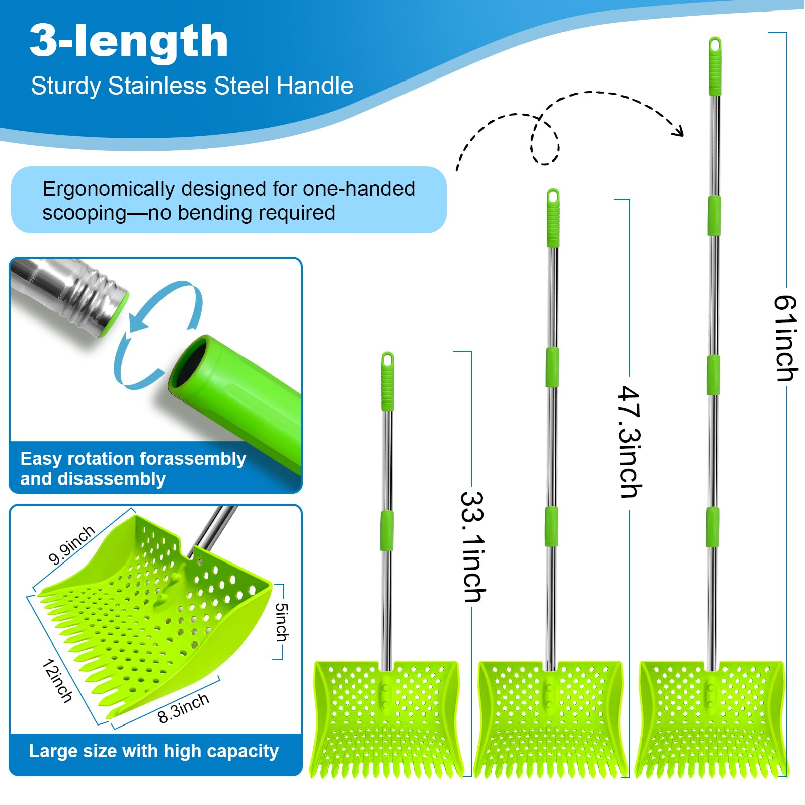 HUMUMU adjustable-handle extended to 61in minimizes bending during tall coop work