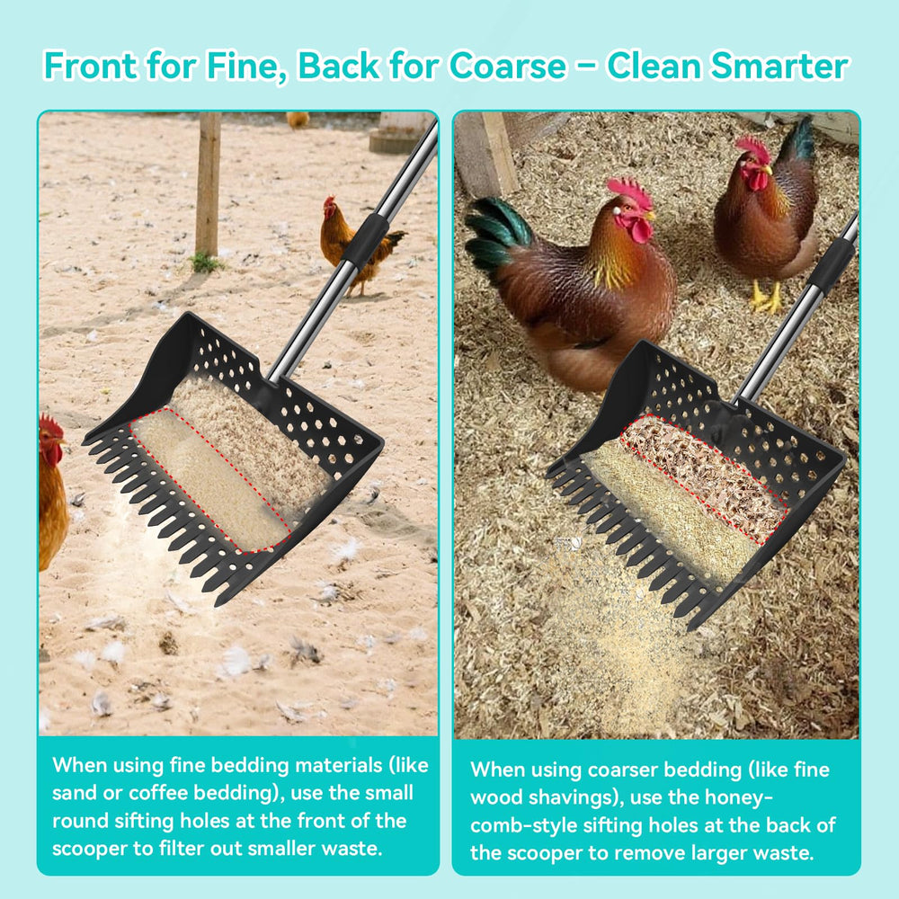 HUMUMU all-in-one tool handles small livestock bedding and droppings with ease.