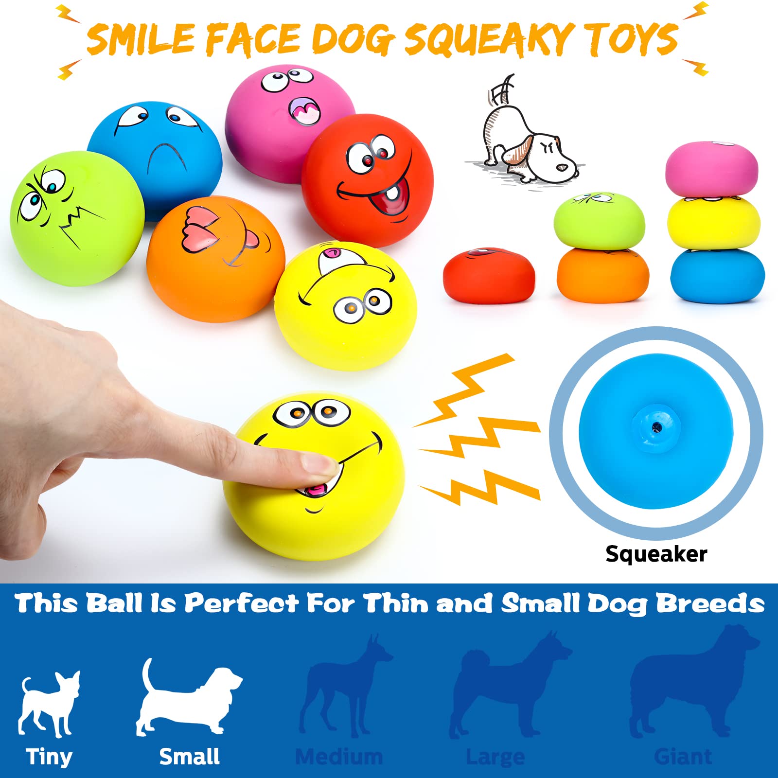 Hungdao colorful dog toy pack with six colors and expressive faces to spark attention.