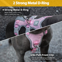 Huntboo No Escape Harness provides front and back D-ring clips for easy leash control.