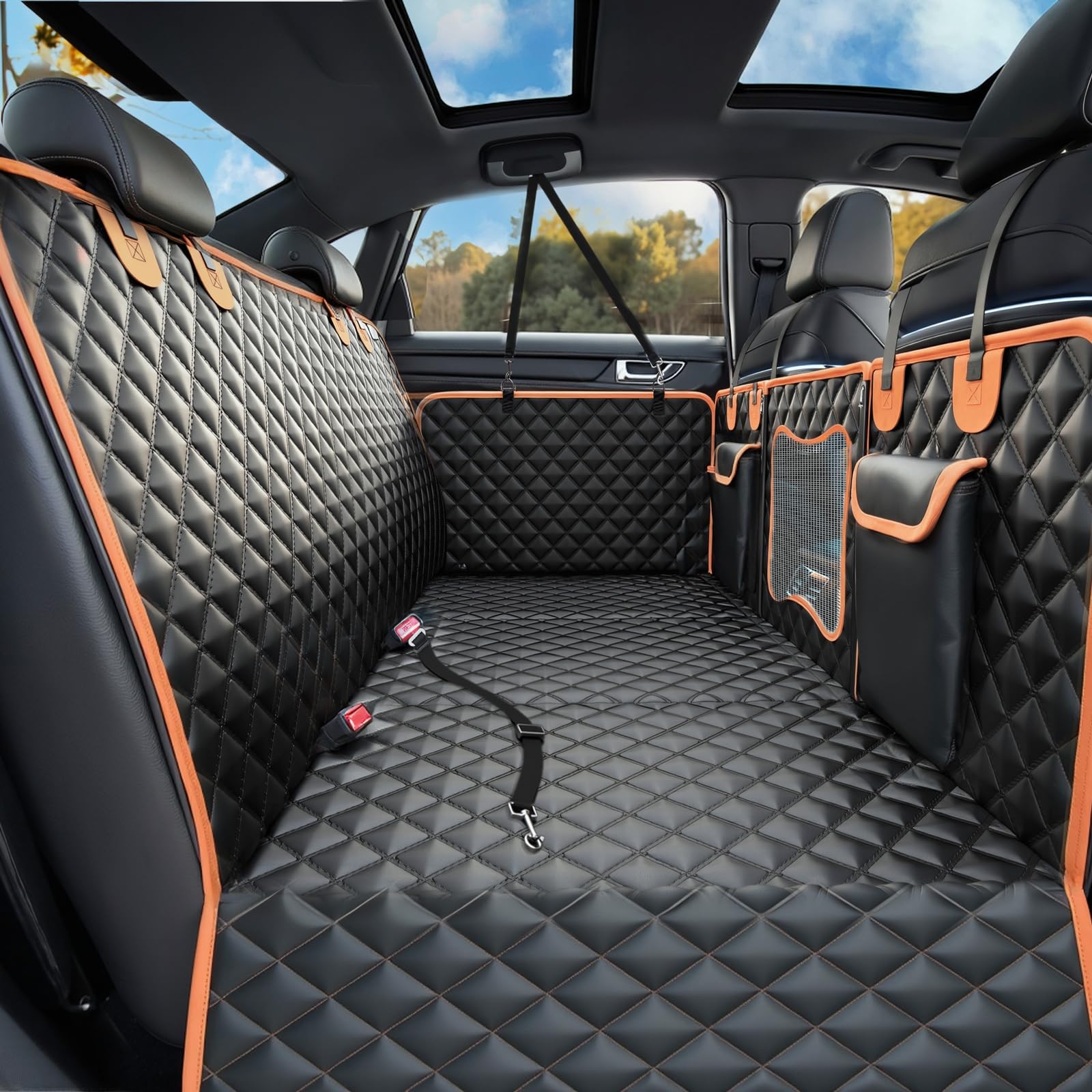 HUOHUOCN back-seat extender showing extended-space for more dog room.