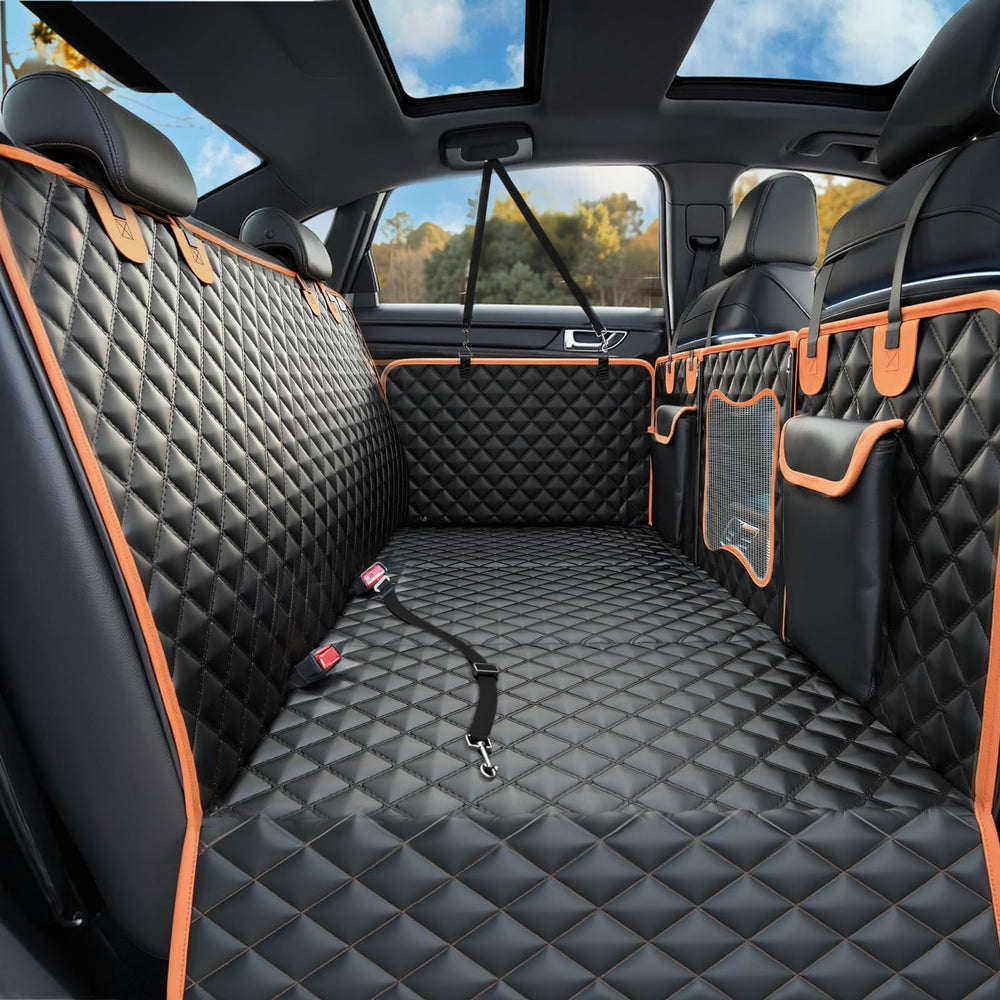 HUOHUOCN back-seat extender showing extended-space for more dog room.