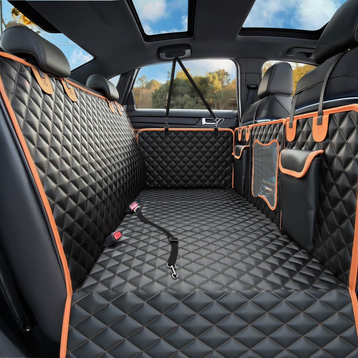 HUOHUOCN back-seat extender showing extended-space for more dog room.