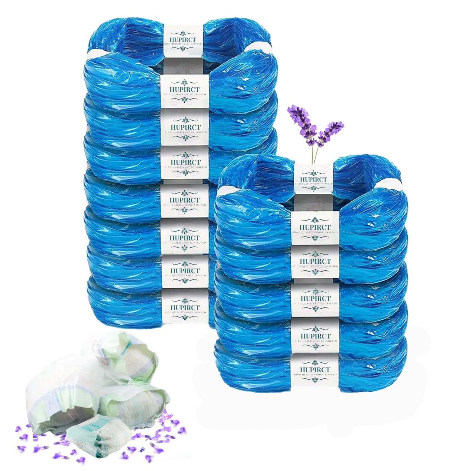 HUPIRCT 12-pack refill bags with lavender scent for diaper pails and cat litter buckets.
