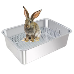 HUQIZOO large stainless steel rabbit litter box with grid keeps paws clean and dry.