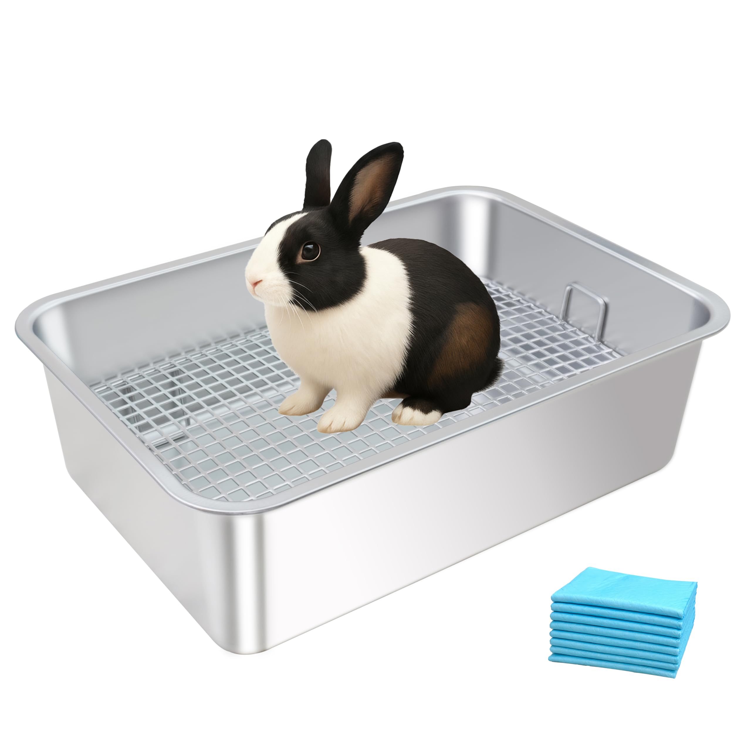 HUQIZOO stainless-steel rabbit litter box offers durable, easy-clean use.