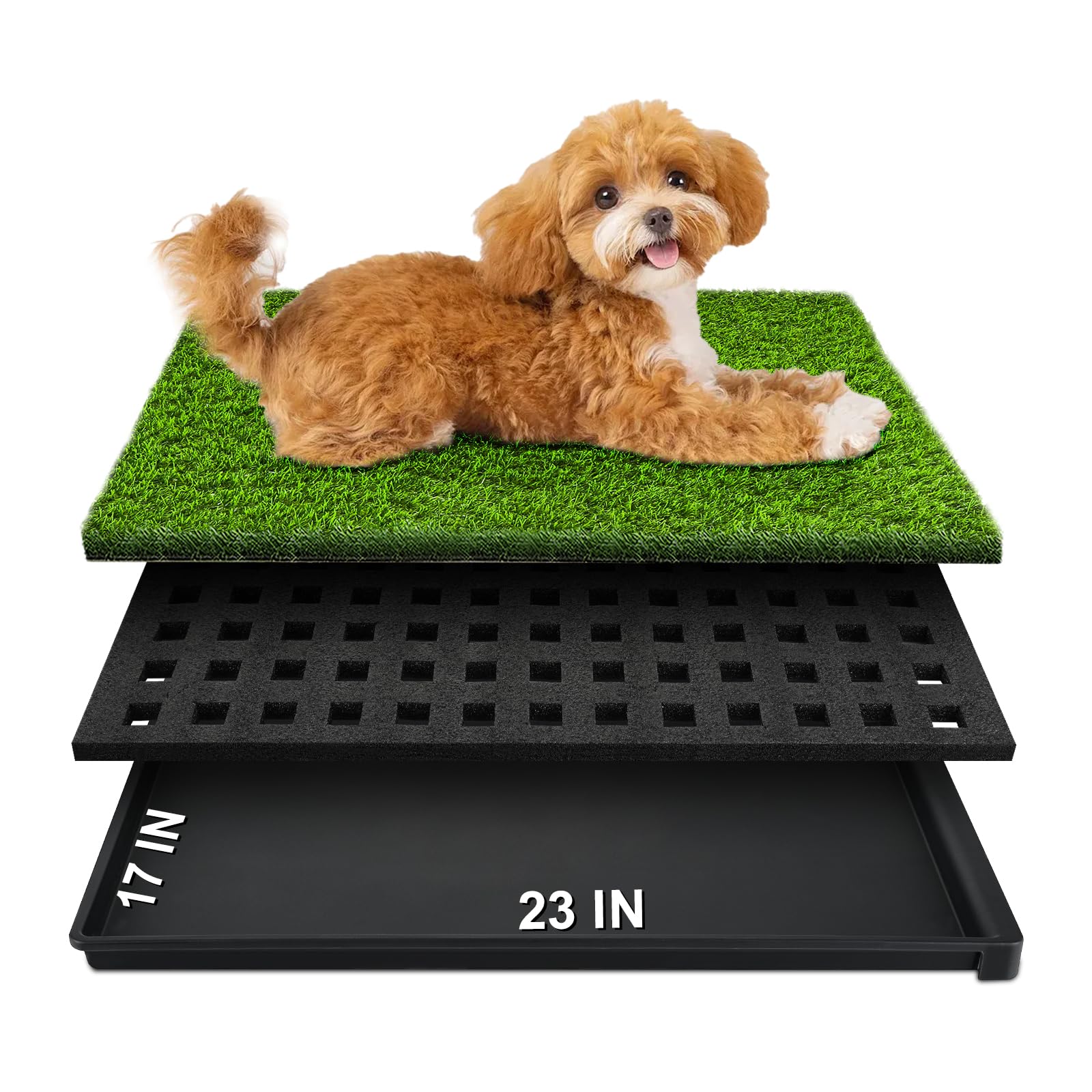 HURENTEK dog grass pad with tray top view shows a tidy indoor potty option for puppies.
