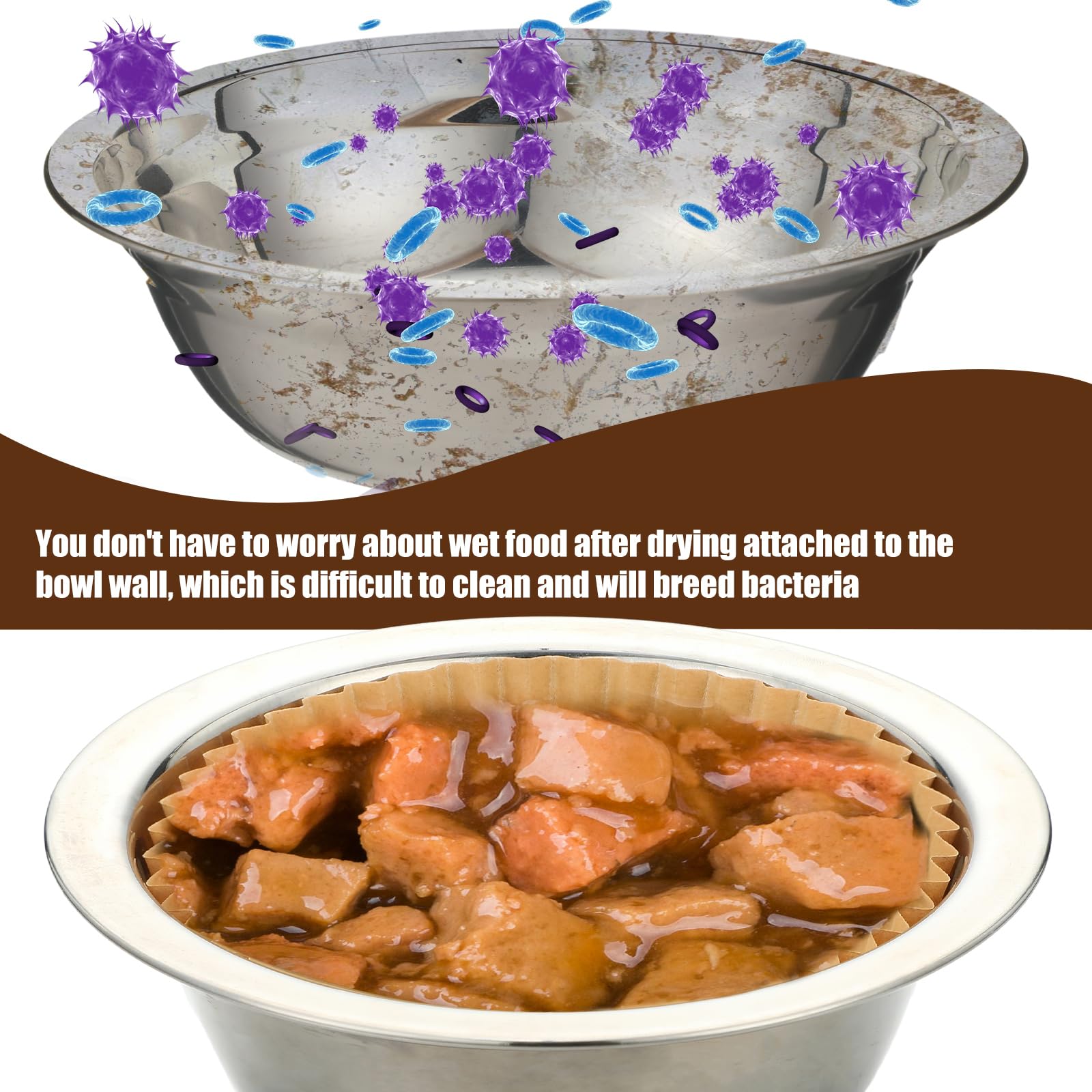 Hushee liners fit standard small-bowl sizes for cats and small dogs.