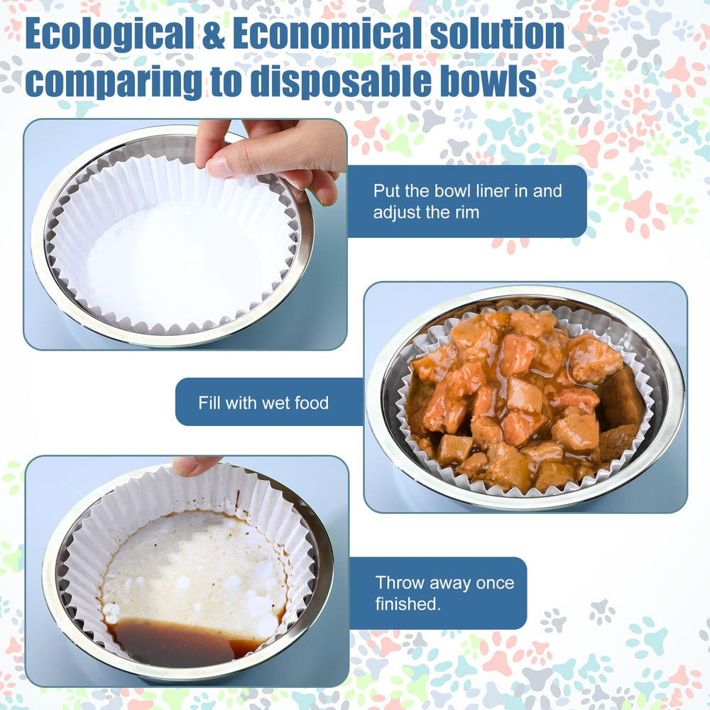 Hushee white disposable bowl liner in use keeps bowls hygienic between meals.