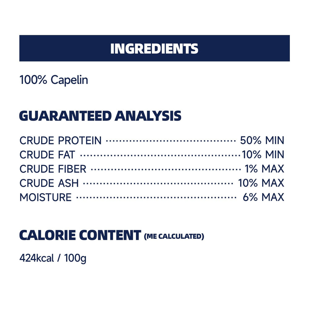 HUWZZE Capelin Treats no-grains label image reinforces grain-free snack option