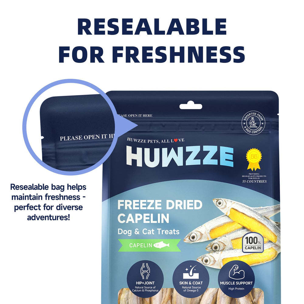 HUWZZE Capelin Treats pet snack in action shows tasty reward during training