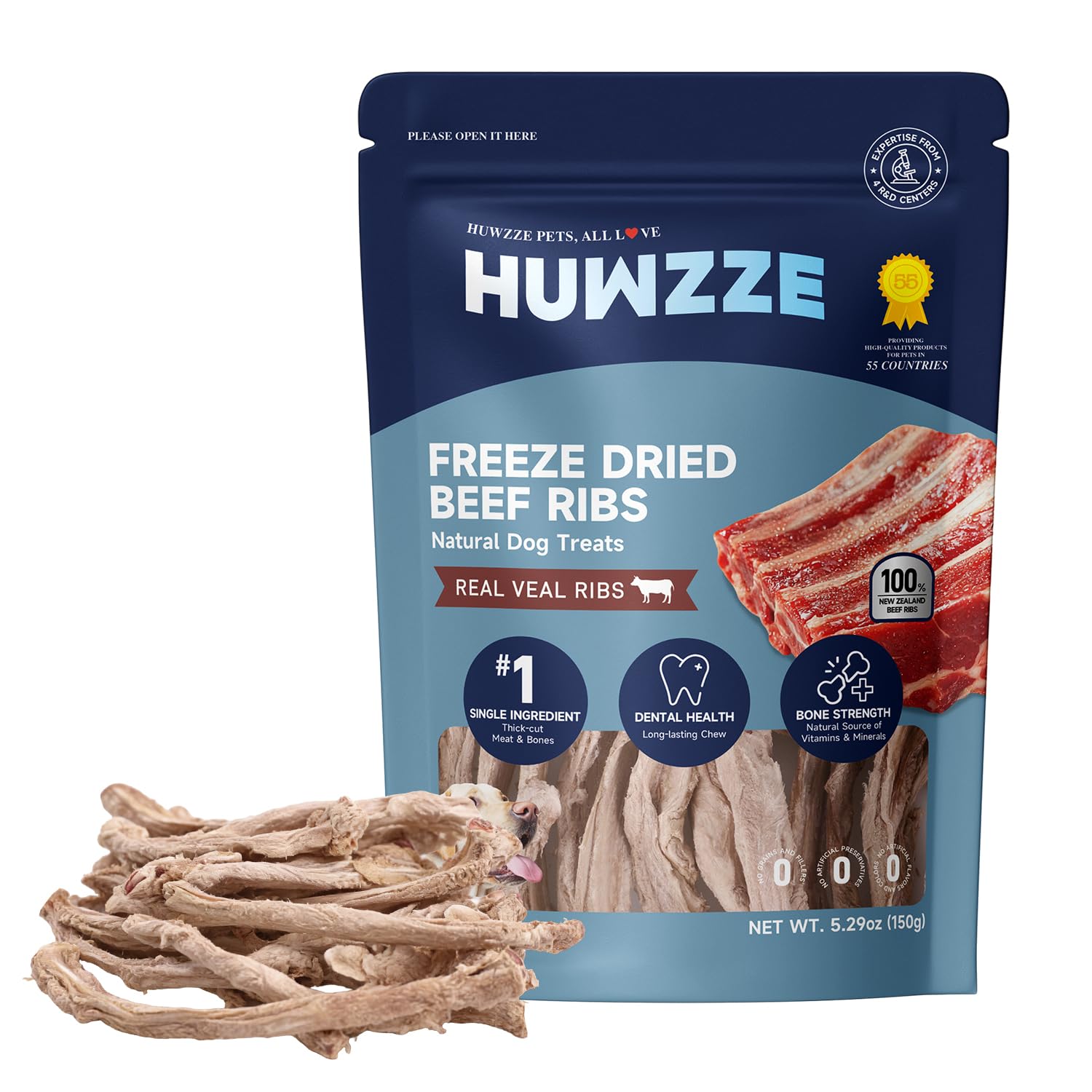 HUWZZE freeze-dried veal ribs pack shot showing single-ingredient protein