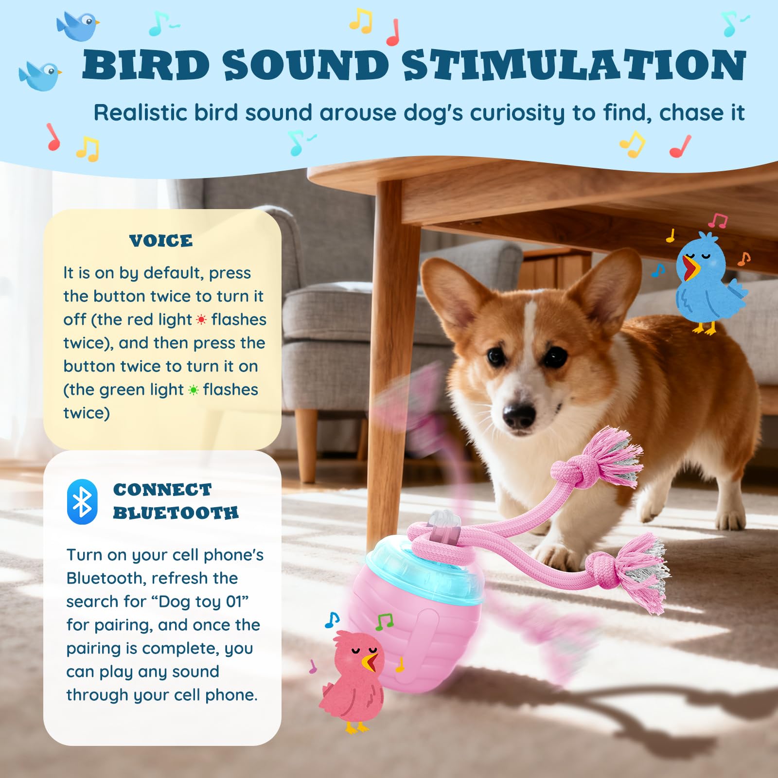 HVUATQ bird sound feature adds audible stimulation during playtime