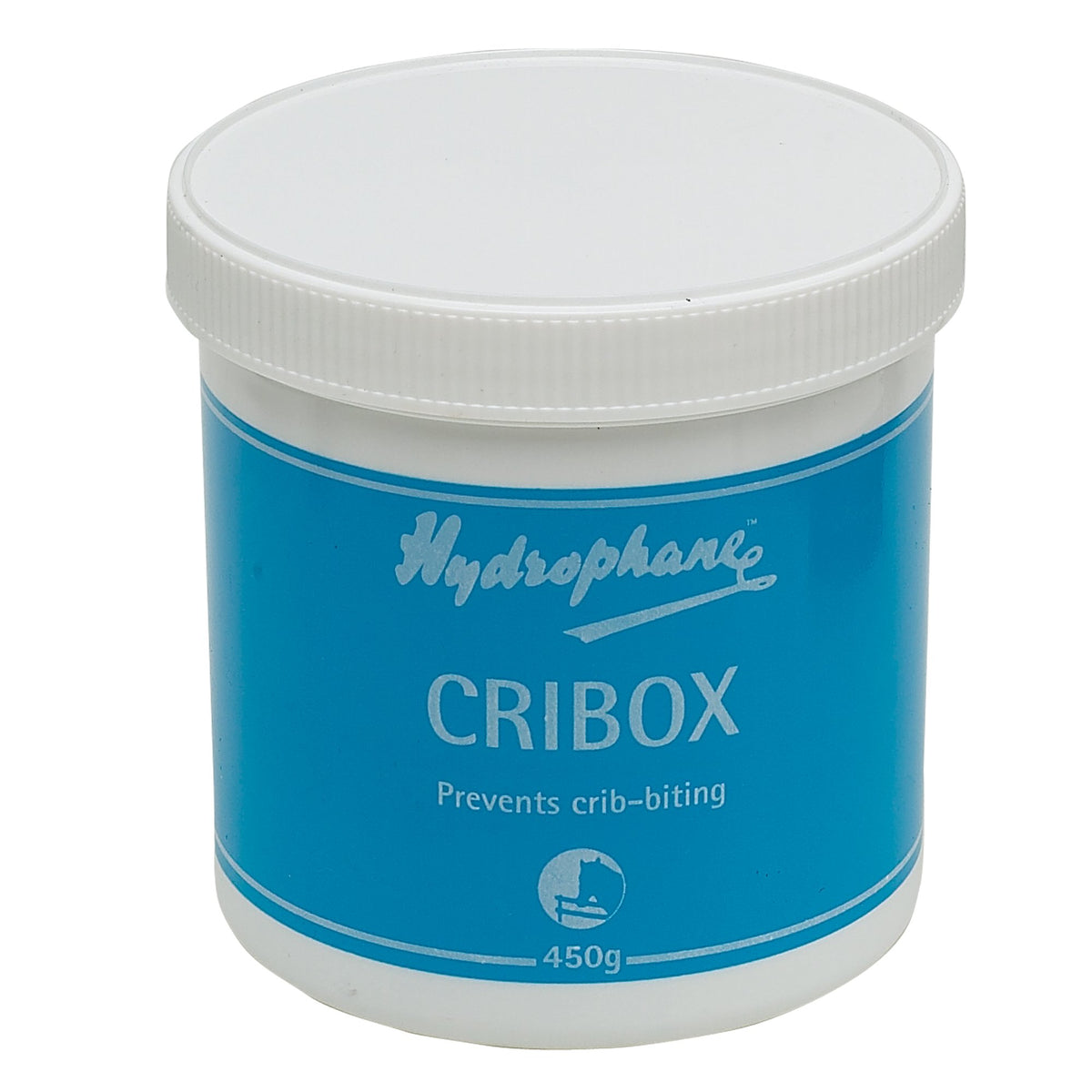 Hydrophane Cribox tub 16oz shown beside wooden rails to deter crib-biting.