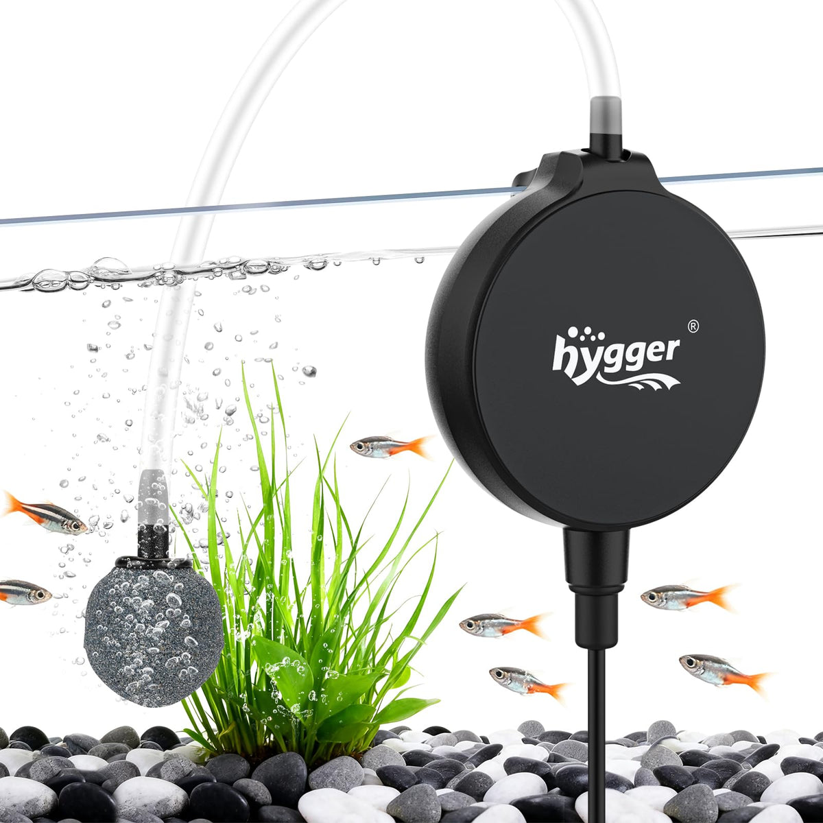 Hygger 1.5W mini air pump, front view, delivers quiet aeration for small tanks.