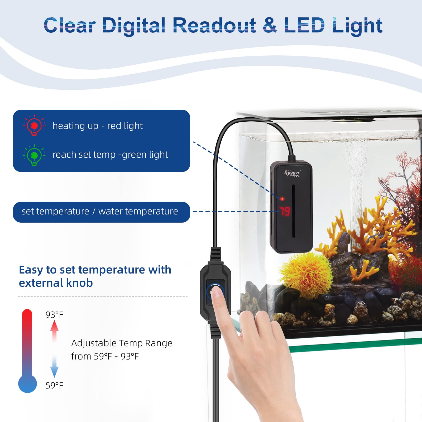Hygger 100W aquarium heater with LED display for real-time temperature checks