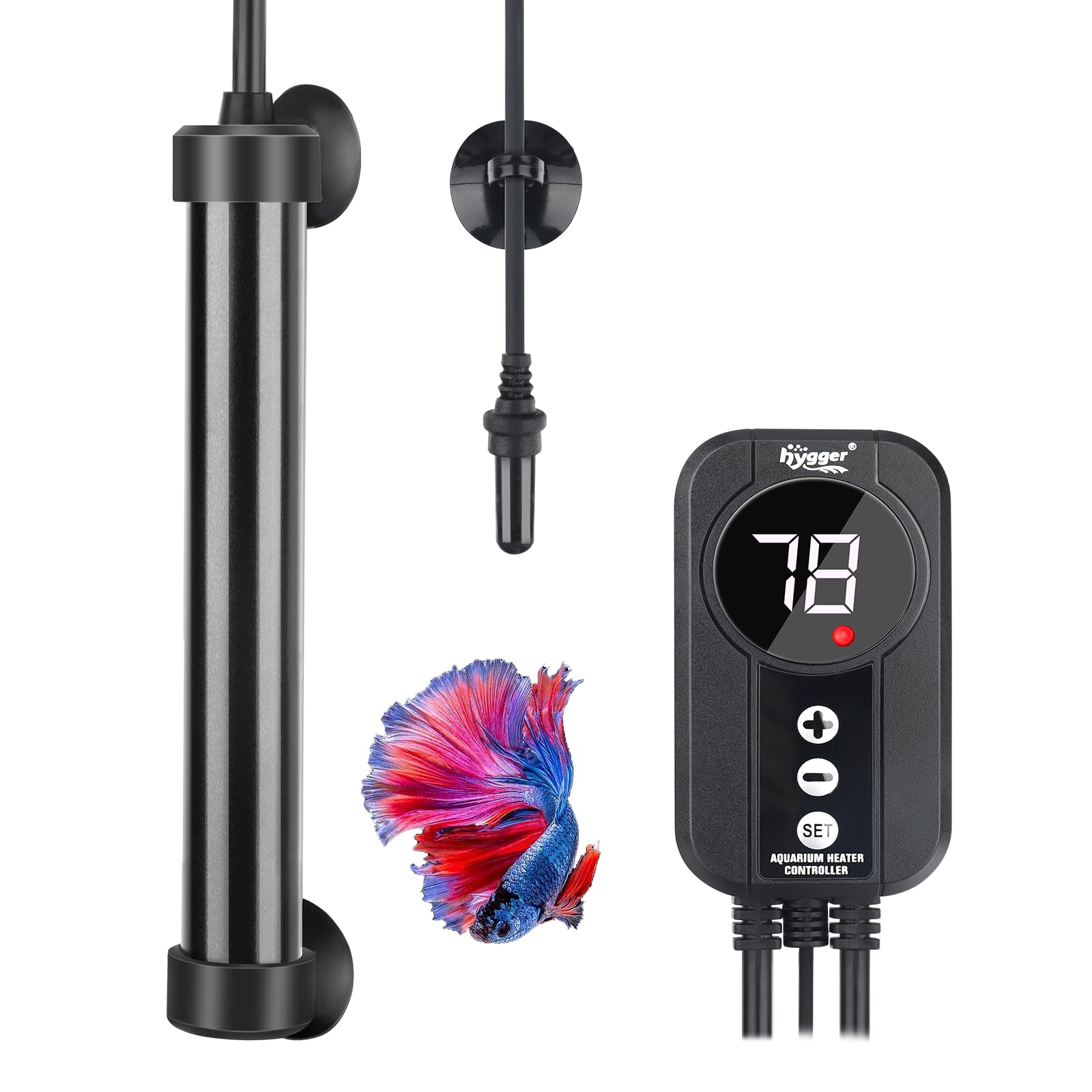 Hygger 100W titanium aquarium heater with external probe maintains stable water temperature.