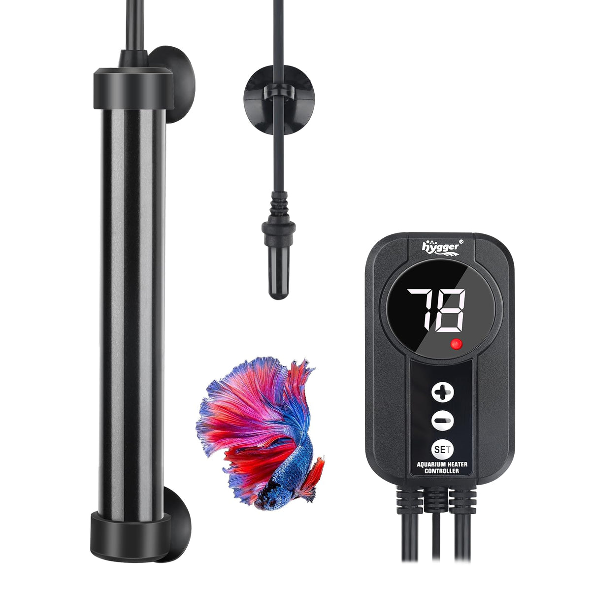 Hygger 100W titanium aquarium heater with external probe maintains stable water temperature.
