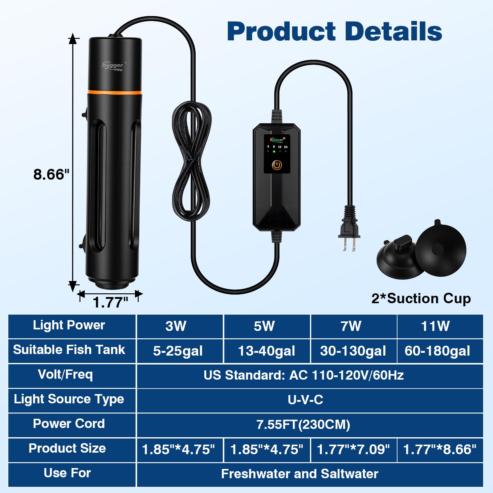 Hygger 11W UV light timer showing 24H cycle and memory feature